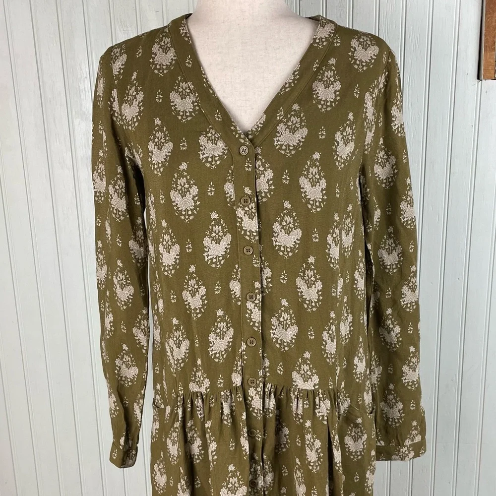 Garnet Hill Dropwaist Button-Up Dress Olive Green Floral Women's Size 2 Bohemian